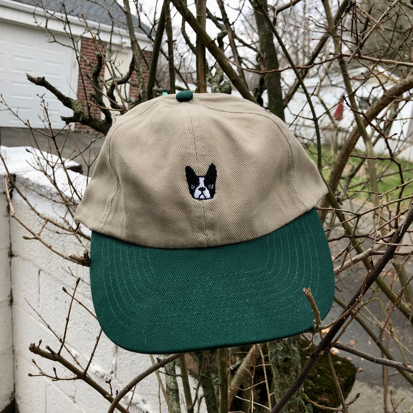 ‘Bonnie’ Boston Terrier hat - green/tan